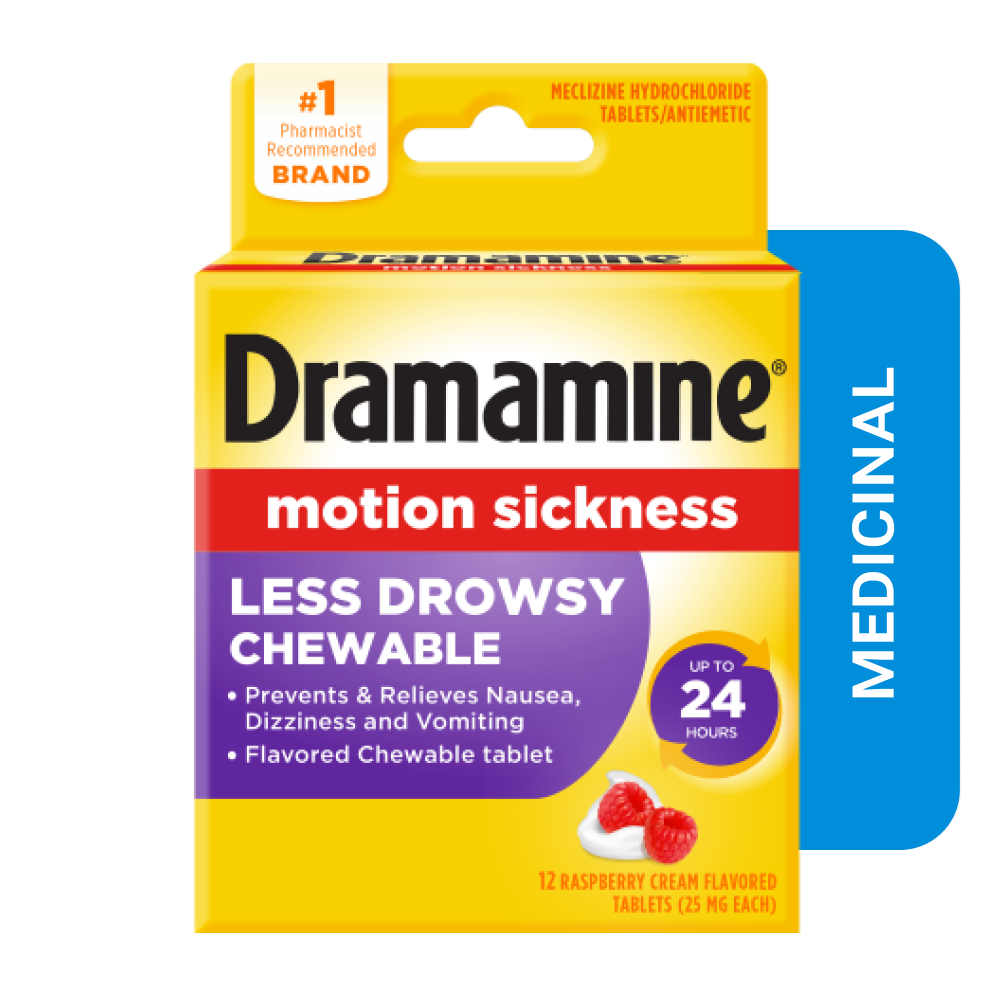 comparison of Dramamine standard vs Less Drowsy vs chewable tablets side by side
